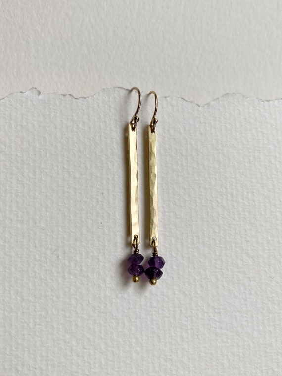 Brass & Amethyst Earrings, Pretty Hammered Long Brass Rectangle, Natural Purple Gemstone Earrings, February Birthstone