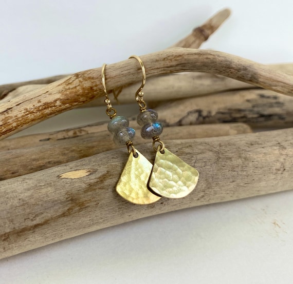 Brass & Labradorite Earrings, Pretty Hammer Texture Gold Fan, Natural blue/green/grey Gemstone Earrings, 14k gold fill ear wires