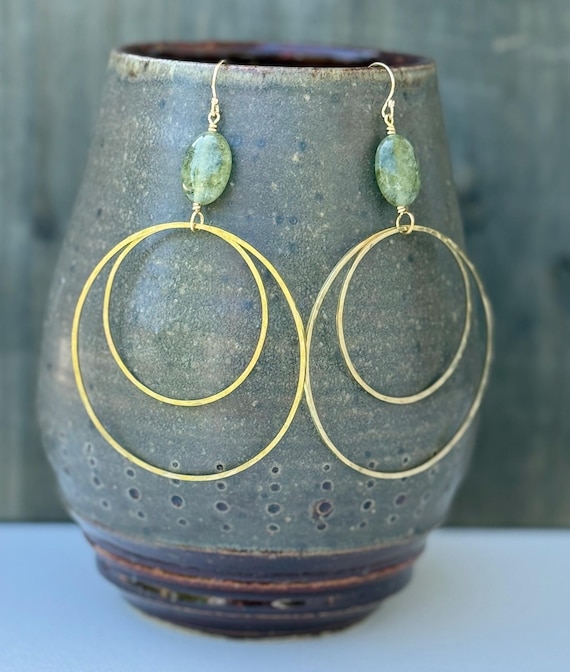 Large Brass & Green Garnet Hoop Earrings