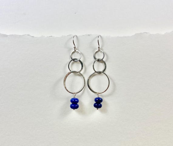 Silver & Blue Lapis Earrings, Pretty Hammered Sterling Silver Triple Circles, December Birthstone Jewelry