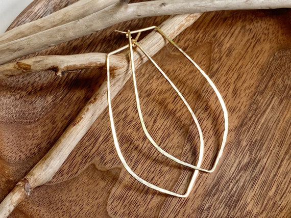 14k Gold Fill Hammered Petal Hoop Earrings, Textured Lightweight Unique Hoops