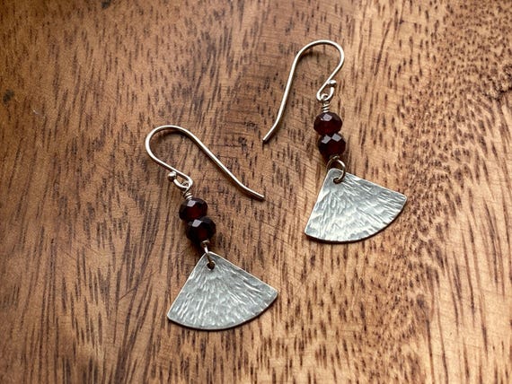 Sterling Silver & Garnet Earrings, Pretty Hammer Texture Silver Fan, Natural Red Gemstone Earrings, January Birthstone