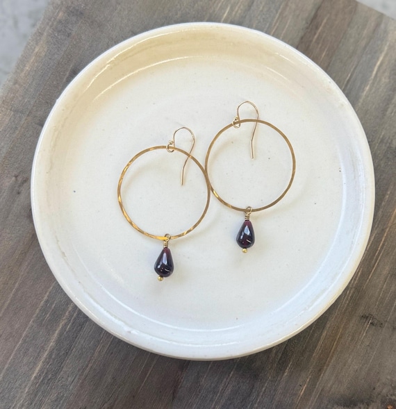 Brass & Garnet Earrings, Pretty Hammered Texture Brass Hoops, Natural Red Gemstone Earrings, January Birthstone
