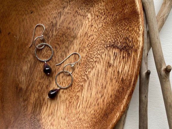 Silver & Garnet Earrings, Pretty Hammered Sterling Silver Double Circles, Natural Red Gemstone Earrings, January Birthstone