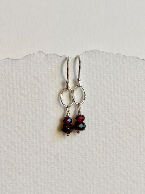 Small Silver & Garnet Earrings, Pretty Hammered Sterling Silver Ovals, Natural Dark Red Gemstone Earrings, January Birthstone