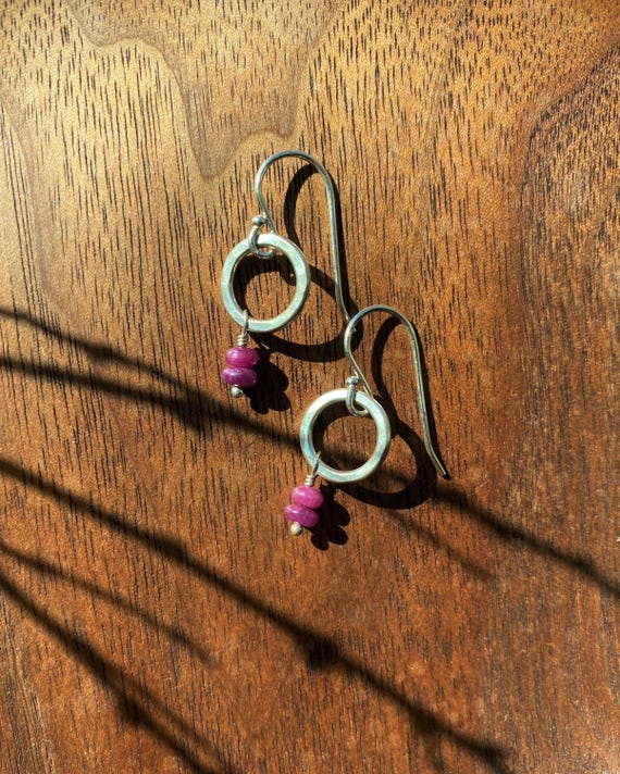 Sterling Silver & Ruby Gemstone Earrings, Hammered Silver Circle Red Earrings, July Birthstone, Lightweight Everyday Jewelry