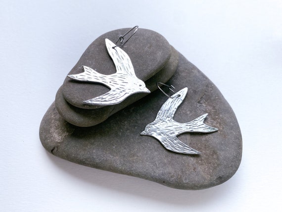 Large Pewter Bird Earrings, Modern Pewter Lead Free, Handmade Earrings