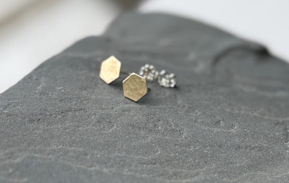 Brass Hexagon Stud Earrings, Gold Posts, Geometric Jewelry