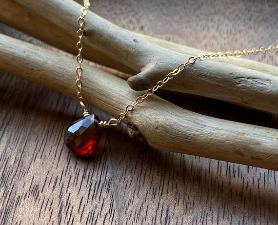 Garnet Gemstone Necklace with 14k gold fill chain, Faceted Deep Red Natural Stone, Delicate Pretty January Birthstone