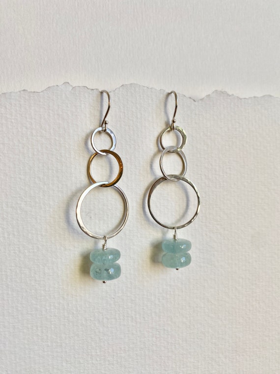 Silver & Aquamarine Earrings, Pretty Hammered Sterling Silver Triple Circles, Natural Aquamarine Earrings, March Birthstone Jewelry