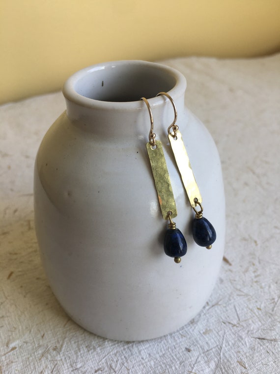 Hammered Brass Rectangle Earrings with tear drop Lapis Stones , Elegant, Simple Gold Earrings