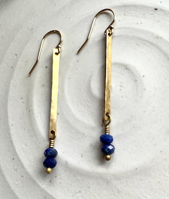Lapis & Gold Long Rectangle Earrings, December Birthstone, Brass 14k Gold Fill