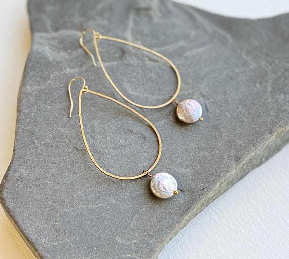 Pearl & Brass Teardrop Earrings, Brass and 14k Gold Fill