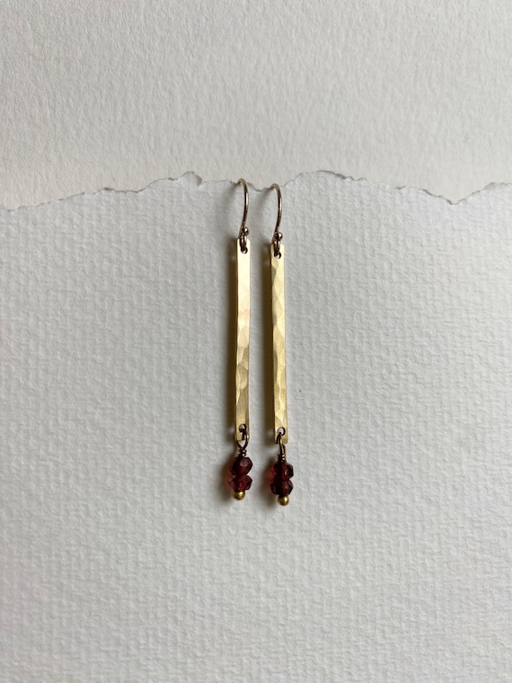 Garnet & Brass Earrings, Hammered Long Rectangle, Natural Red Gemstone Earrings, January Birthstone