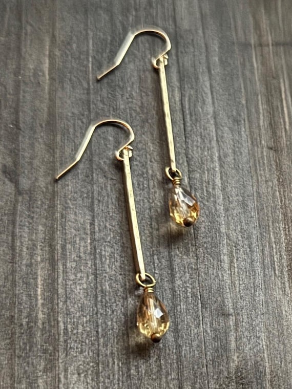 Brass & Citrine Earrings, Pretty Hammered Long Brass Rectangle, Natural golden, yellow Gemstone Earrings, November Birthstone