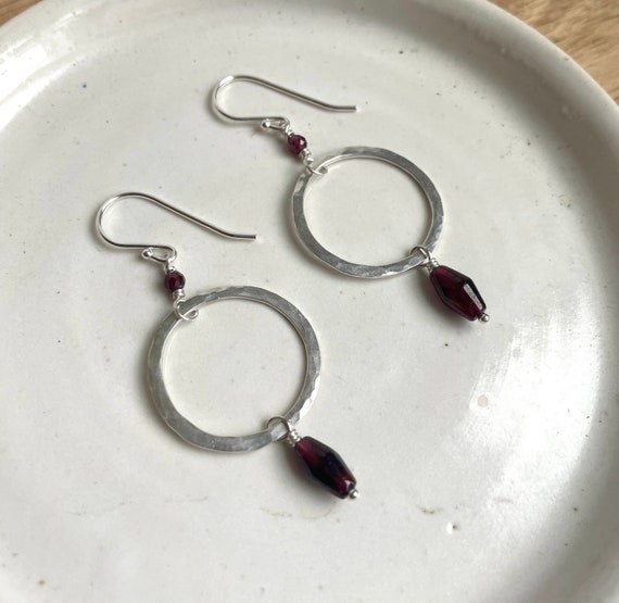 Silver Garnet  Earrings, Pretty Sterling Silver Circle, Dark Red Garnet Jewelry