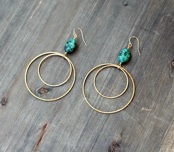 Big Brass & Turquoise Double Loop Earrings