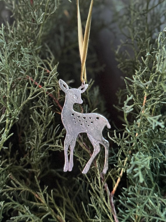 Handmade Ornament, Fawn, Deer, Pewter,  Velvet Ribbon.