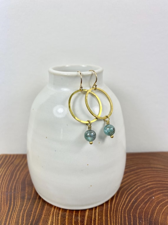 Pretty Hammered  Brass Earrings, Gold and Teal  Earrings, Kyanite gemstone earrings