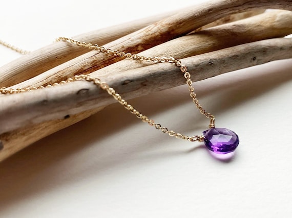 Amethyst & 14k gold fill Necklace, Purple Natural Amethyst February Birthstone Teardrop Necklace, Pretty Gemstone Necklace