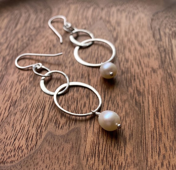 Silver & Pearl Earrings, Pretty Hammered Sterling Silver Triple Circles, Natural Freshwater Pearl Earrings, June Birthstone Jewelry