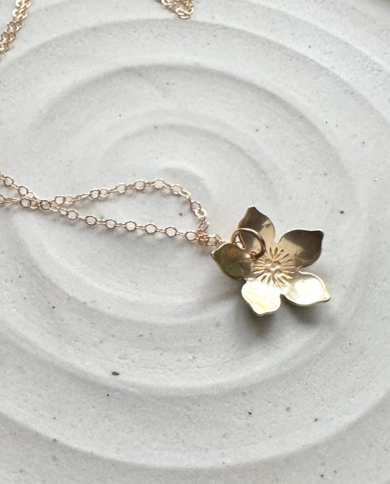 Gold Flower Necklace with 14k gold fill chain, Pretty botanical necklace