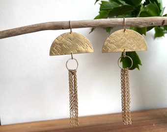 Gold half Circle Chain Earrings, Long Whimsical Earrings, Brass Chain Jewelry