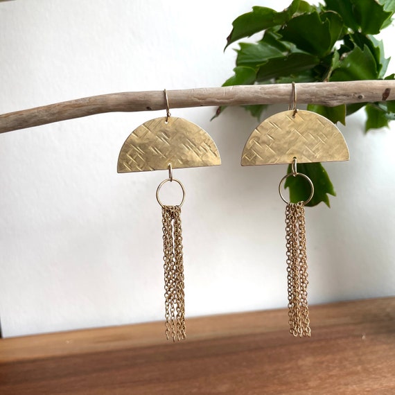 Gold half Circle Chain Earrings, Long Whimsical Earrings, Brass Chain Jewelry