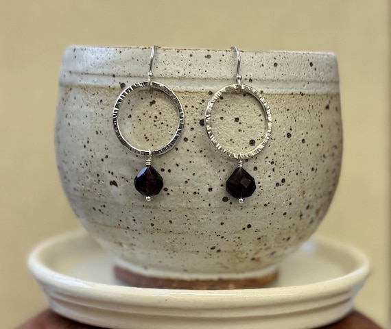 Silver & Garnet Earrings, Pretty Hammered Sterling Silver Hoops, Natural Red Gemstone Earrings, January Birthstone