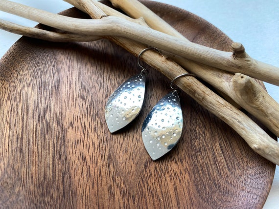 Pewter Dotted Leaf Earrings, Modern Pewter Lead Free, Handmade Earrings