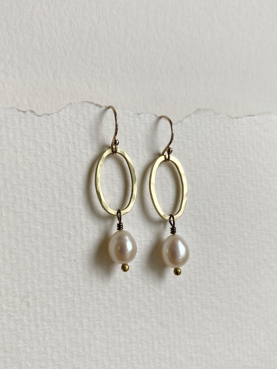Pearl Oval Drop Earrings, Brass Earrings, Gold and White Freshwater Pearl Earrings, June Birthstone