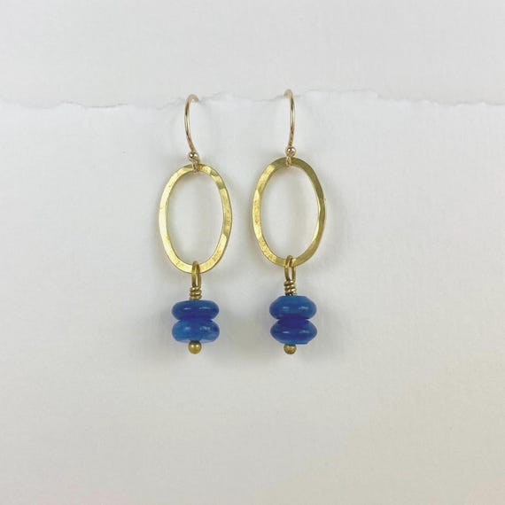 Little Blue Oval Earrings, Kyanite and Brass Dainty Hammered Oval Earrings, natural blue gemstones, 14k gold fill hooks