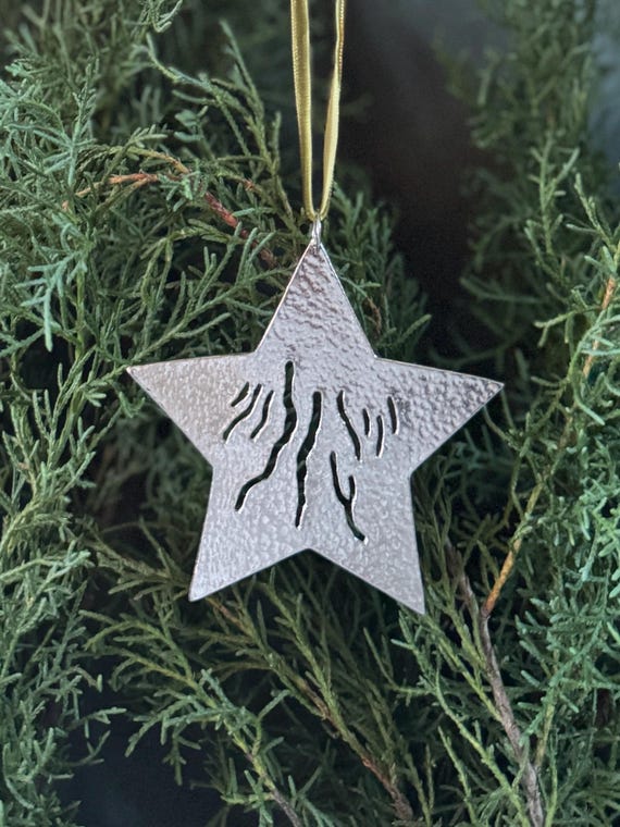 Handmade Ornament, Fingerlakes Star, Pewter,  Velvet Ribbon, silver