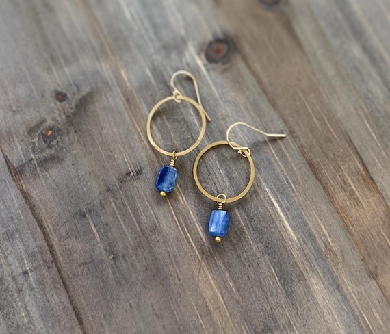Gold & Blue Small Kyanite Hoop Earrings, natural blue gemstones, 14k gold fill hooks