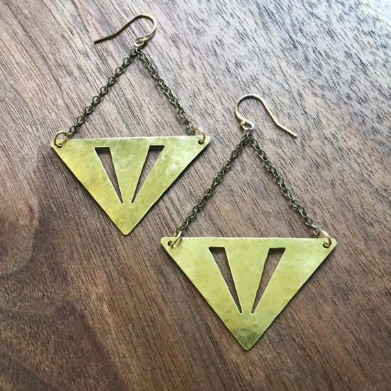 Big Brass triangle Trapeze earrings. Lightweight Earrings, Triangle Cut-out Earrings