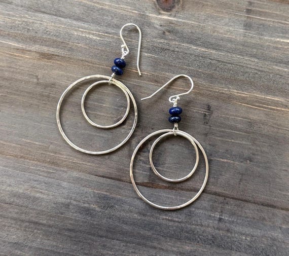 Silver & Blue Lapis Earrings, Pretty Hammered Sterling Silver Double Hoops, December Birthstone Jewelry