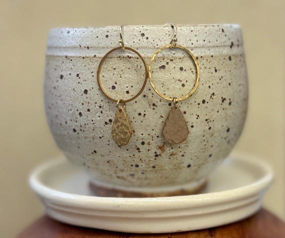 Brass Hoop & Teardrop Earrings, Simple Gold Earrings, Hammered Jewelry