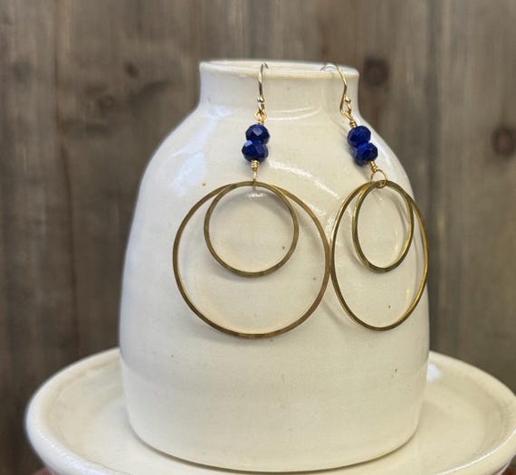 Lapis & Gold Double Hoop Earrings, December Birthstone, Brass 14k Gold Fill