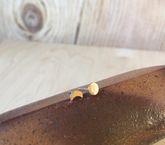 Gold Moon Studs, Brass Post Earrings, Celestial Jewelry,