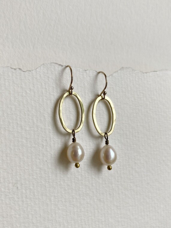 Pearl Oval Drop Earrings, Brass Earrings, Gold and White Freshwater Pearl Earrings, June Birthstone