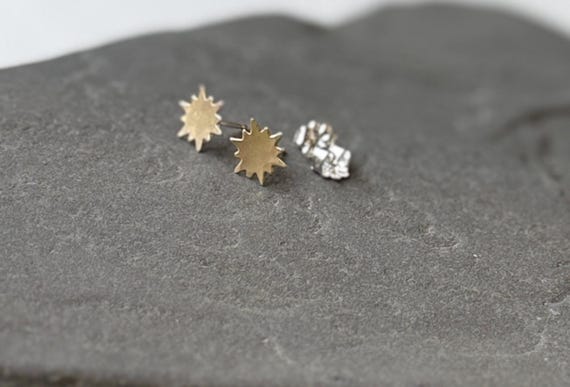 Brass Sunburst Stud Earrings, Gold Posts, Celestial Jewelry