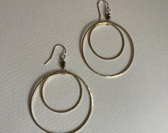 Double Hoop Brass Earrings, sparkly pyrite stones, Bold Lightweight Jewelry, 14k gold fill hooks