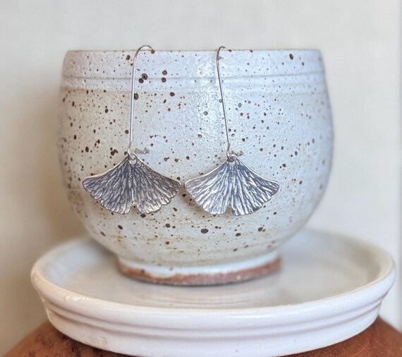 Pewter Ginkgo Leaf Earrings, Small Fan Style, Modern Pewter Lead Free, Handmade Botanical Earrings