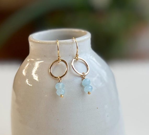 14K Gold Filled Circle Earrings with Aquamarine Gemstones