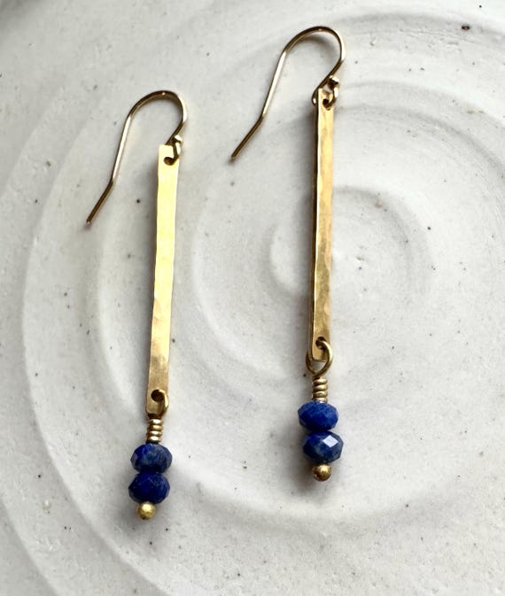 Lapis & Gold Long Rectangle Earrings, December Birthstone, Brass 14k Gold Fill