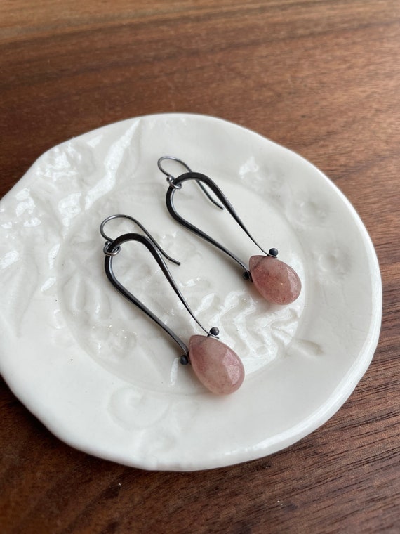 Pink Aventurine Oxidized Silver Earrings, Long Dangly Earrings, Natural Gemstone Jewelry