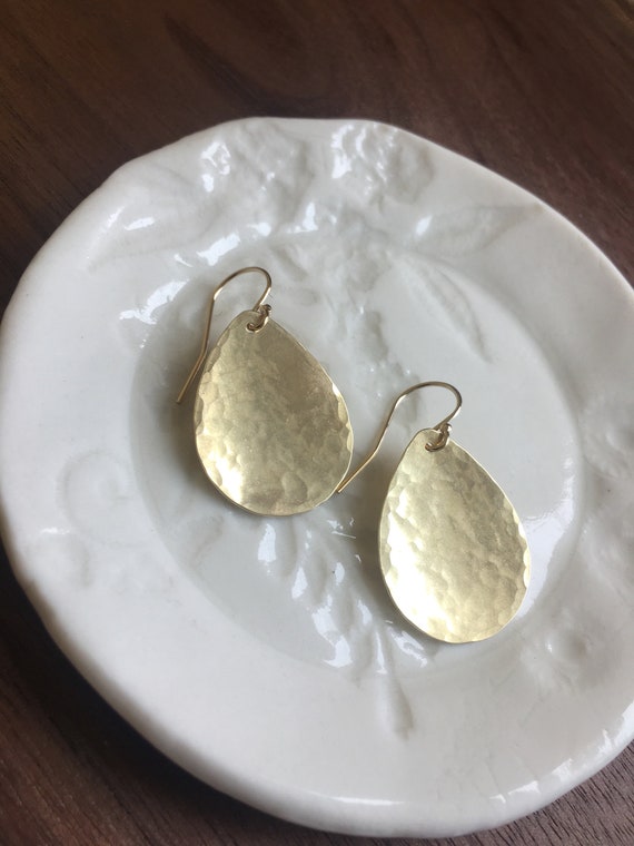 Brass Teardrop Earrings, Simple Gold Earrings, Hammered Jewelry