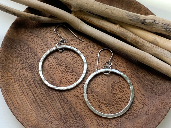 Pewter Open Circle Earrings, Hammered Texture, Modern Pewter Lead Free, Handmade Minimalist Earrings