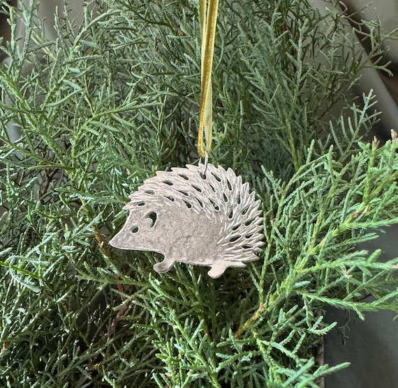 Handmade Ornament, Hedgehog, Solid Pewter, Velvet Ribbon.