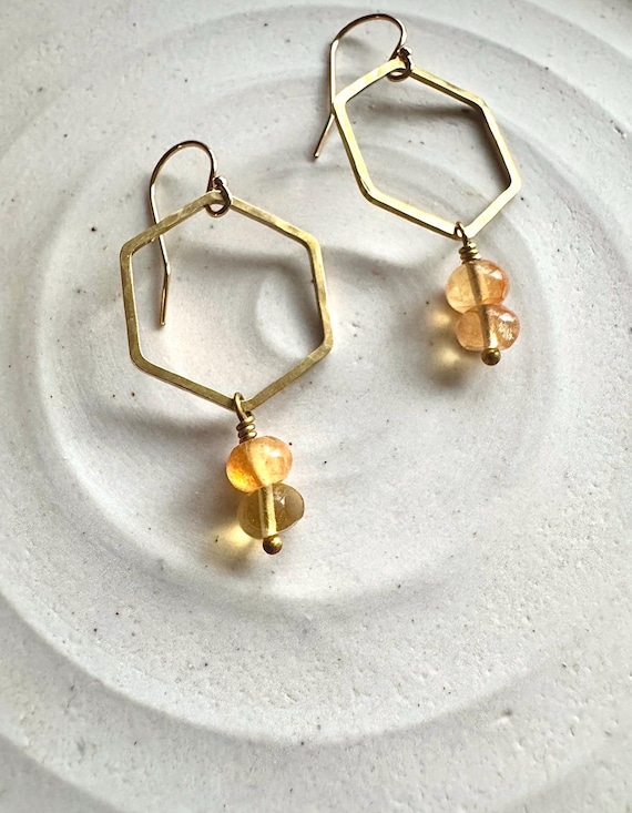 Brass & Citrine Earrings, Pretty Hammered Hexagon,  Beehive, Natural golden, yellow Gemstone Earrings, November Birthstone